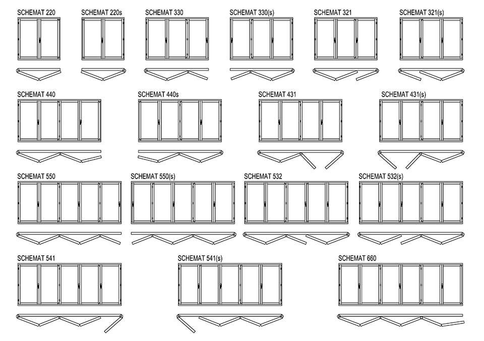 Schémas d'ouverture pour portes accordéon en bois-aluminium.