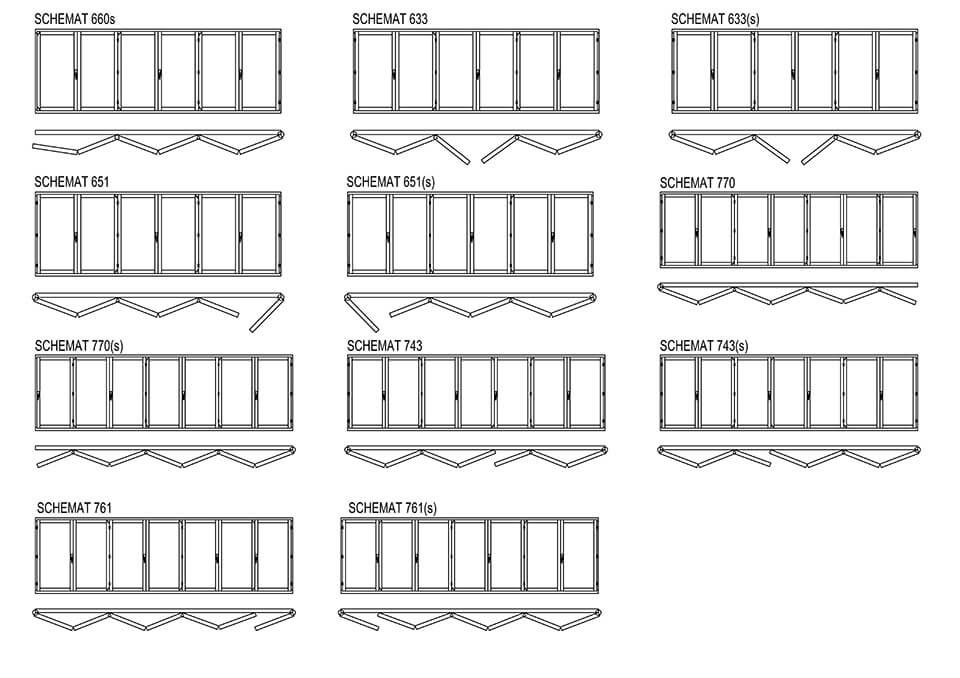 Variantes de portes accordéon en bois-aluminium.