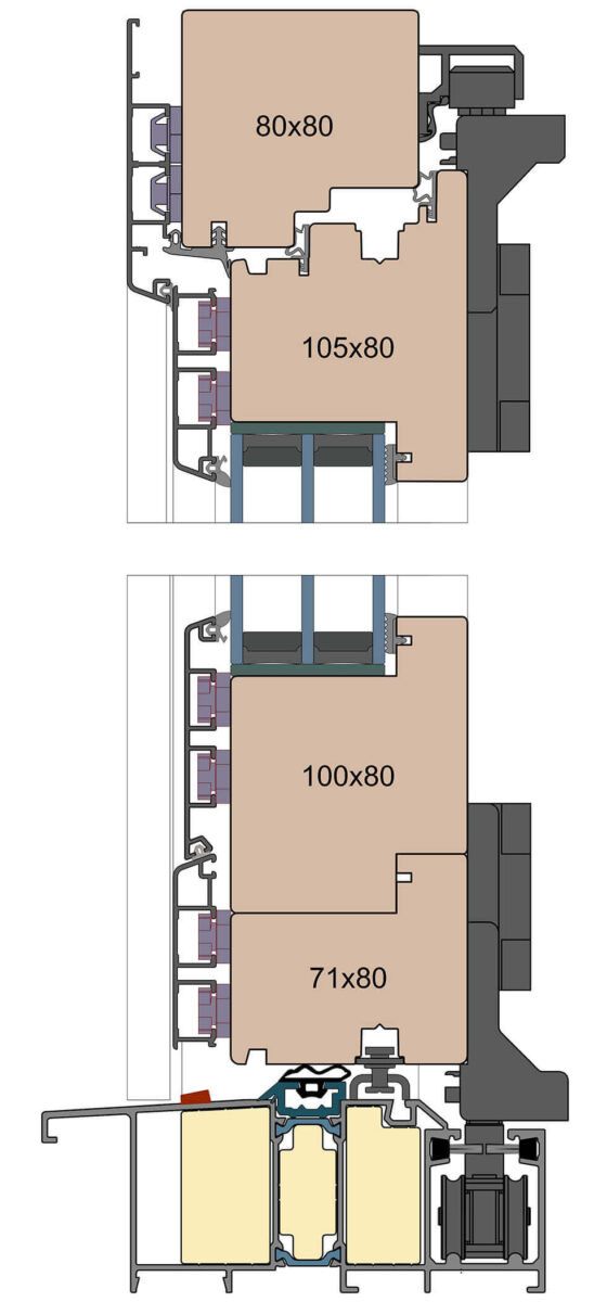 Portes accordéon en bois-aluminium réalisées à partir d'un profilé de 80 mm d'épaisseur.