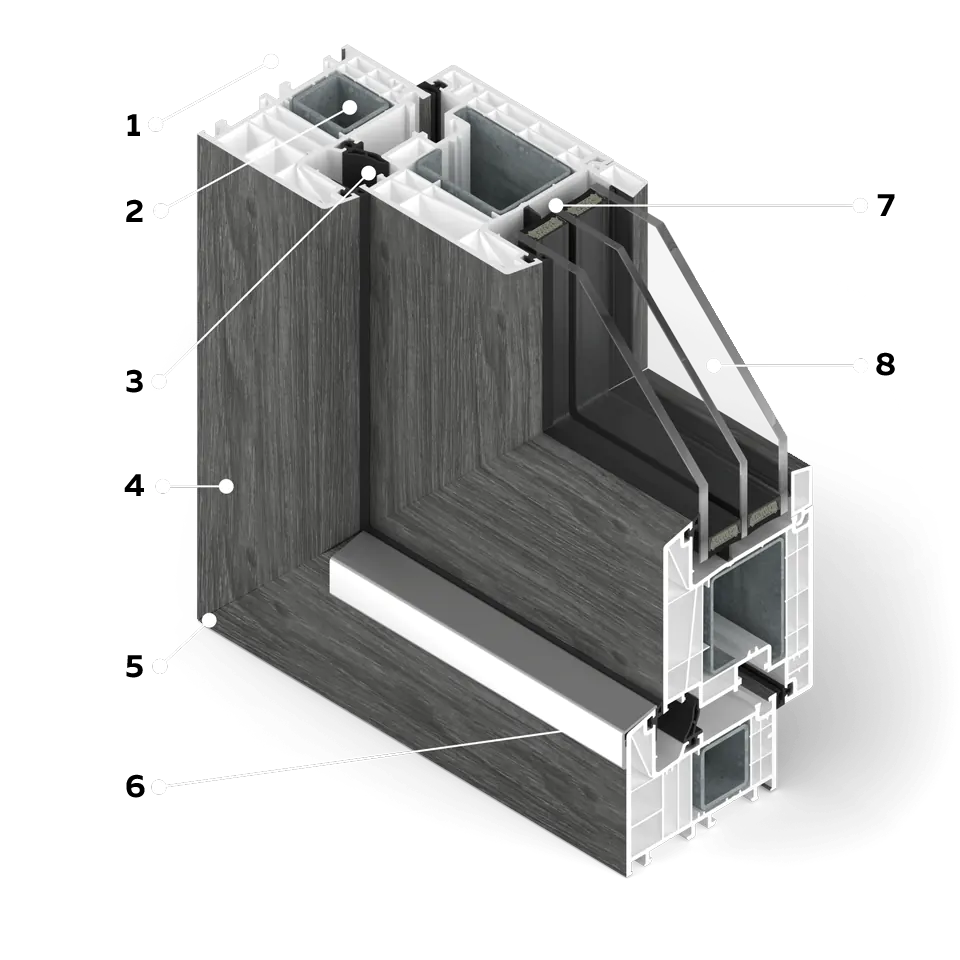 Coupe transversale de portes-fenêtres en placage de béton.