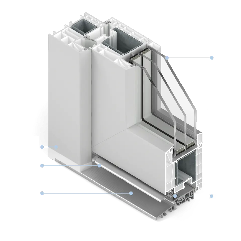 Coupe transversale d'une porte-fenêtre avec un seuil en aluminium chaleureux.