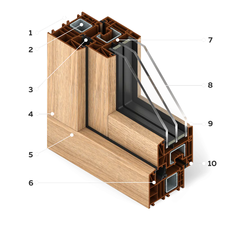 Coupe transversale d'une fenêtre aspect bois en placage de chêne Turner.