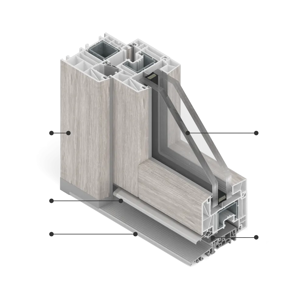 Coupe transversale d'une fenêtre aspect bois en placage alpin avec seuil en aluminium.