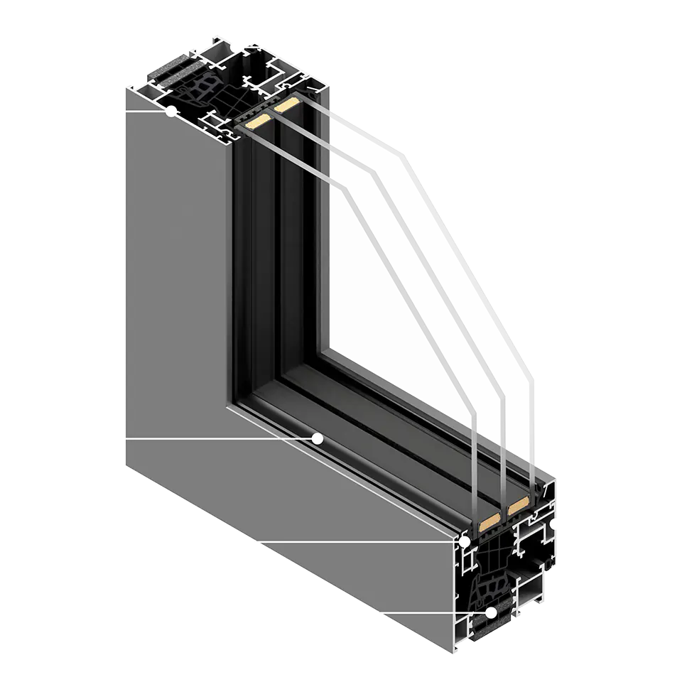 Coupe transversale de la fenêtre Optimum 79N US avec un châssis invisible de l'extérieur