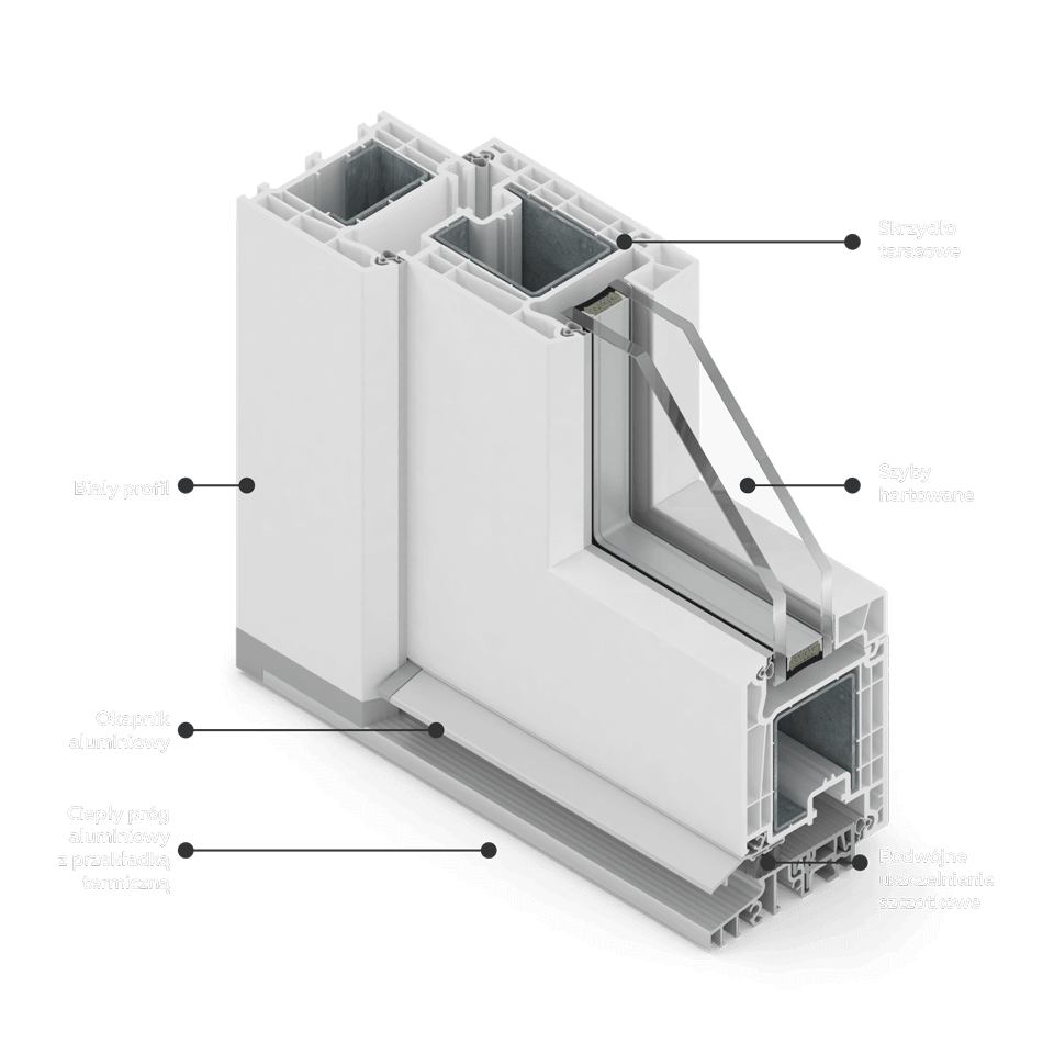 Coupe transversale de la fenêtre MSline avec seuil en aluminium.