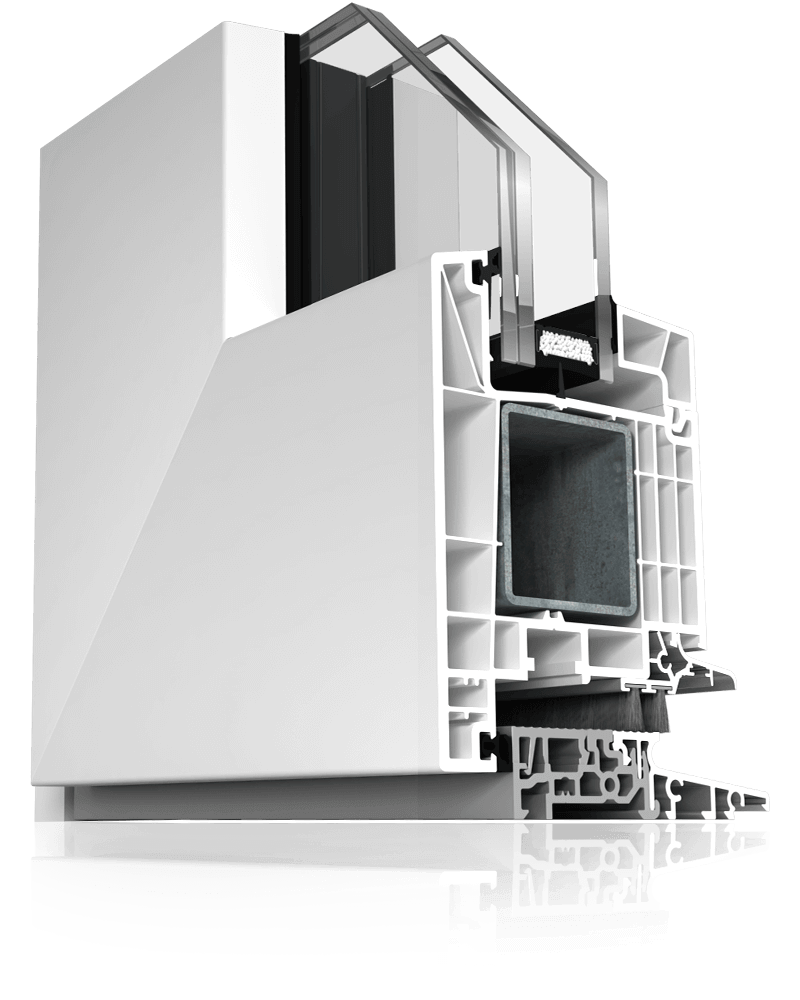 Coupe transversale de portes-fenêtres blanches en PVC.